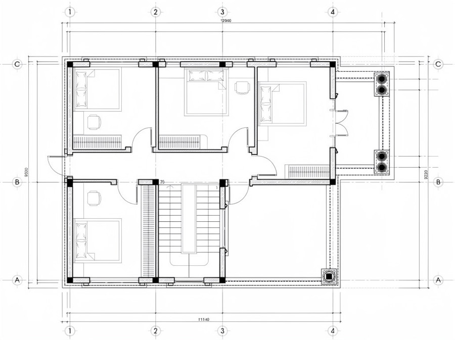 Mặt bằng lầu 1 nhà 2 tầng 6 phòng ngủ 1 phòng thờ