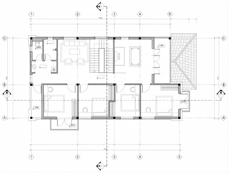 Mặt bằng lầu 1 nhà 2 tầng 6 phòng ngủ chữ L