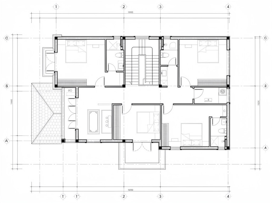 Mặt bằng lầu 1 nhà 2 tầng 6 phòng ngủ có gara