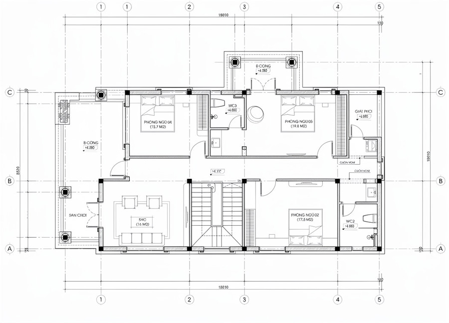 Mặt bằng lầu 1 nhà 2 tầng có phòng thờ tầng 1 tân cổ điển