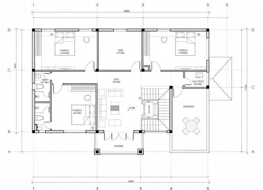 Mặt bằng lầu 1 nhà 2 tầng mái Thái có phòng thờ tầng 1