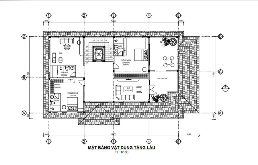 Mặt bằng lầu 1 nhà vườn 2 tầng có phòng thờ tầng 1
