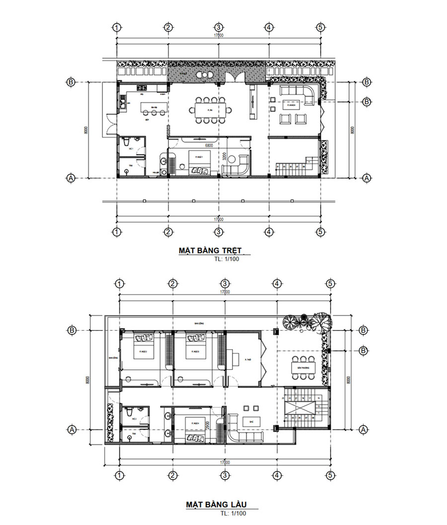 Mặt bằng công năng nhà 2 tầng mặt tiền 7.5m 4 phòng ngủ