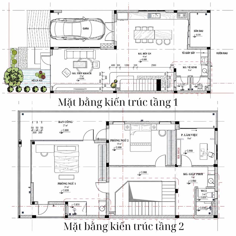 Mặt bằng công năng nhà 2 tầng mặt tiền 7.5m chữ L