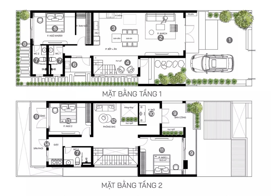 Mặt bằng công năng nhà 2 tầng mặt tiền 7.5m có gara