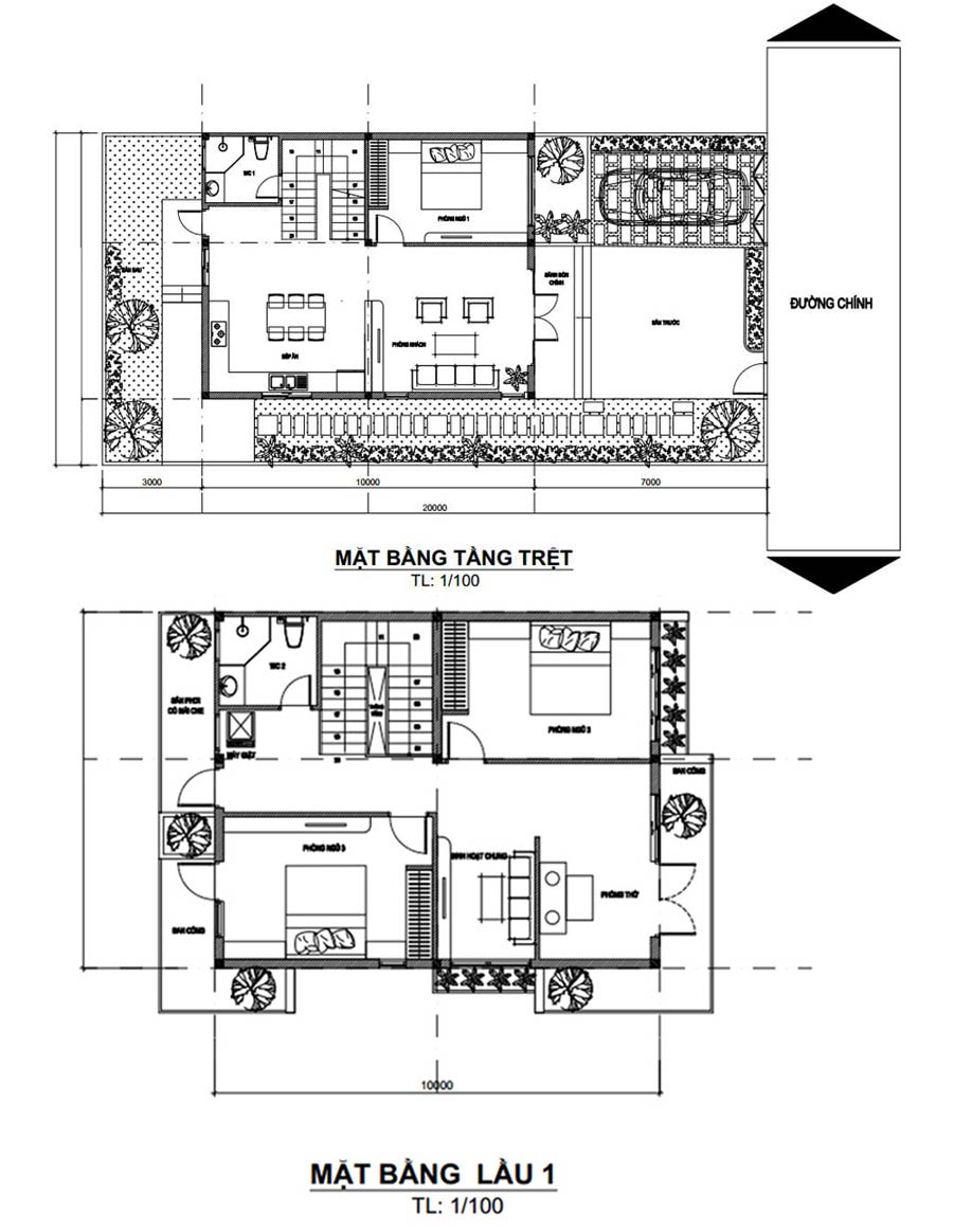 Mặt bằng công năng nhà 2 tầng mặt tiền 7.5m có sân vườn