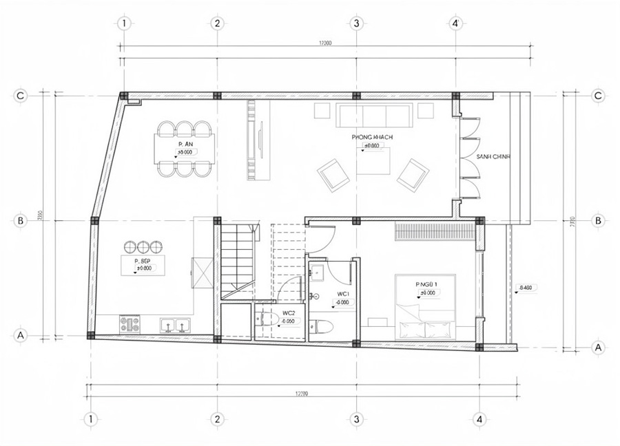 Bản vẽ mặt bằng công năng nhà 2 tầng có bếp riêng mái bằng