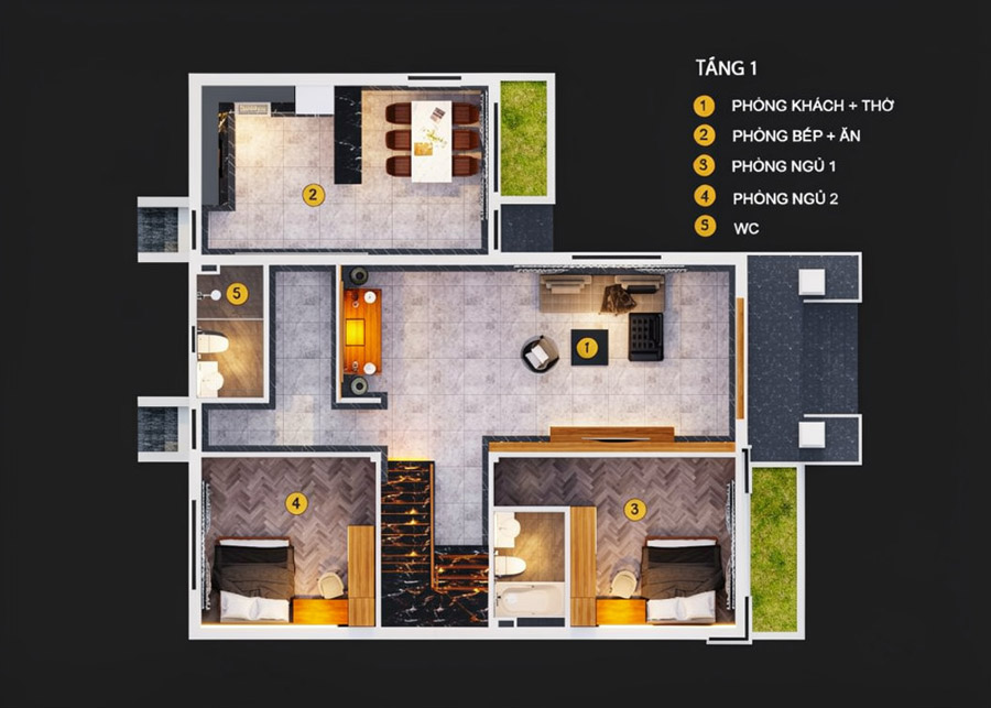 Mặt bằng công năng nhà 2 tầng có bếp riêng thiết kế sang trọng
