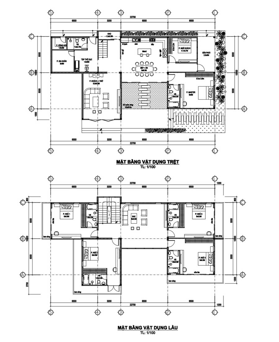 Bản vẽ mặt bằng nhà 3 gian 2 tầng phương án 1
