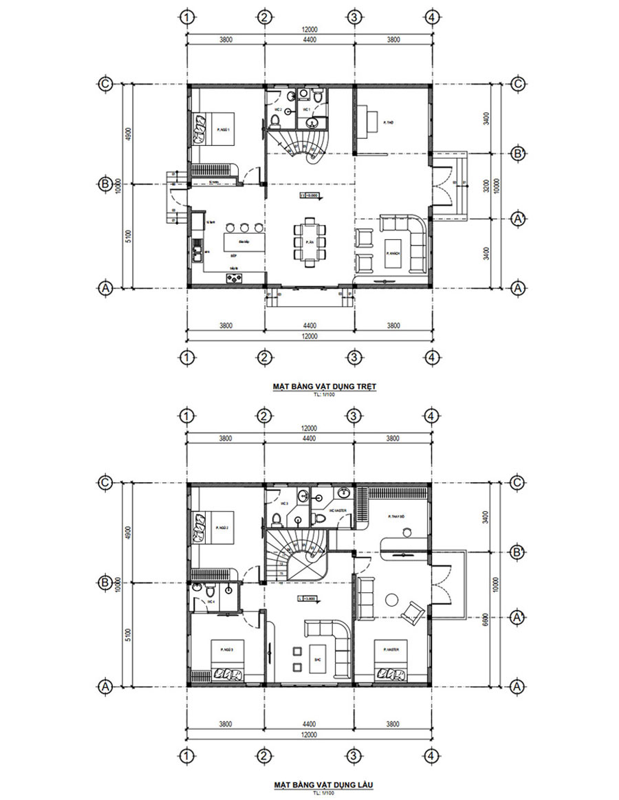 Bản vẽ mặt bằng nhà 3 gian 2 tầng phương án 2