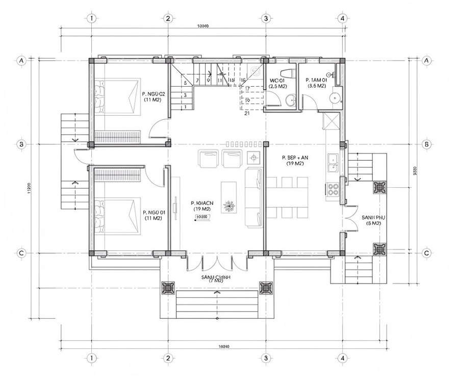 Mặt bằng công năng nhà biệt thự 2 tầng có bếp riêng