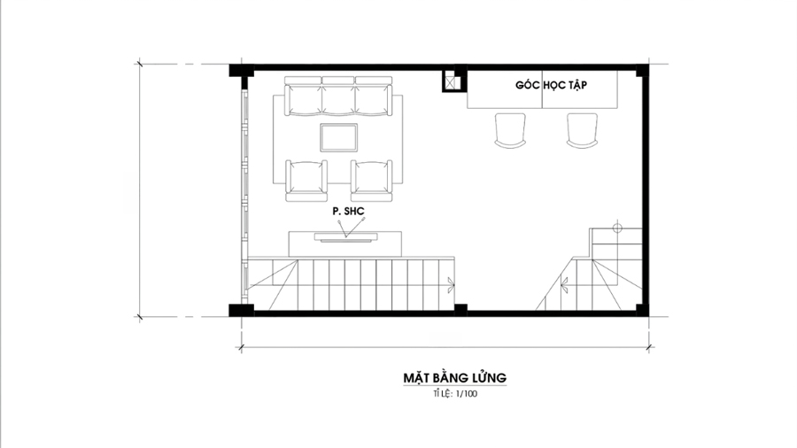 Bản vẽ mặt bằng tầng lửng nhà 2 tầng 30m2 có gác lửng