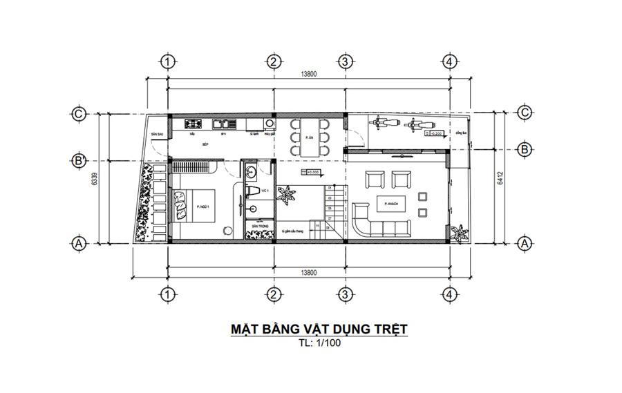 Mẫu mặt bằng tầng trệt nhà 2 tầng 3 phòng ngủ