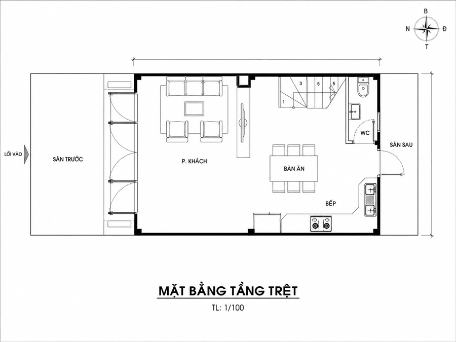 Bản vẽ mặt bằng tầng trệt nhà 30m2 2 tầng có sân trước