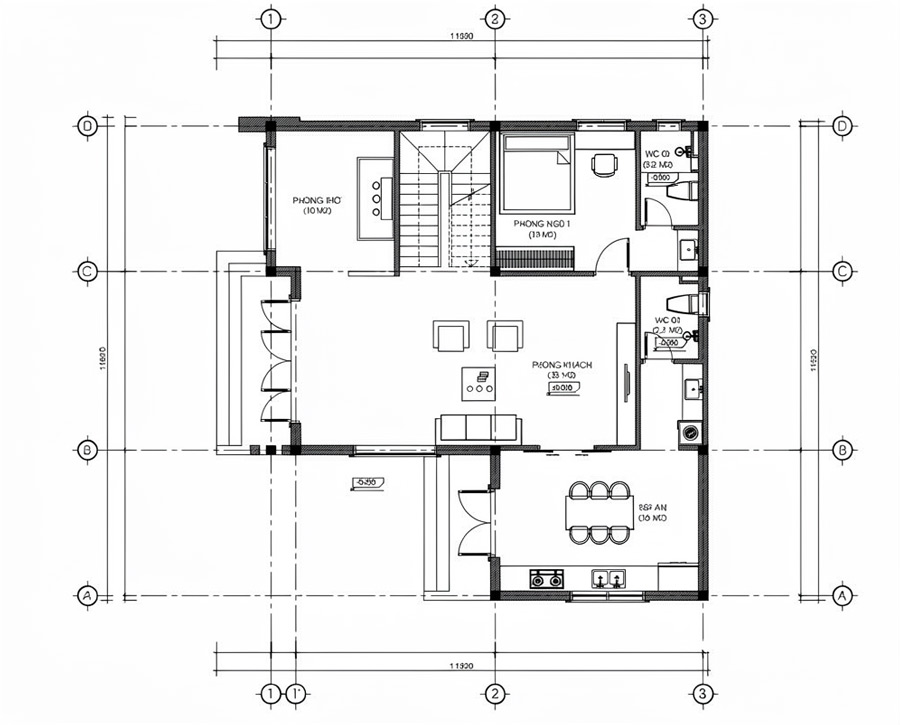 Mặt bằng tầng trệt nhà 2 tầng 4 phòng ngủ có phòng thờ tầng 1
