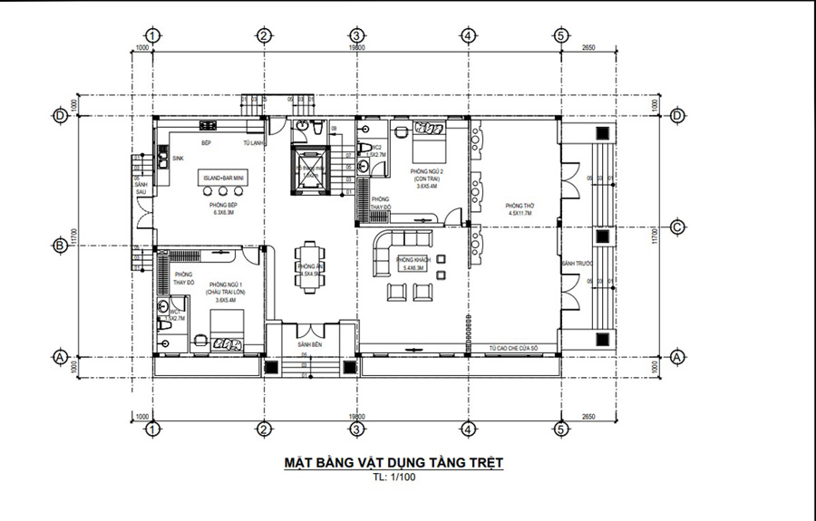 Phương án bố trí mặt bằng tầng trệt nhà 2 tầng 4 phòng ngủ