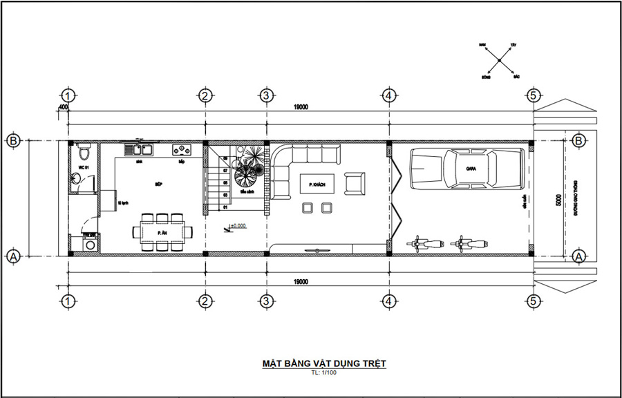 Mặt bằng tầng trệt nhà 2 tầng 5x20m