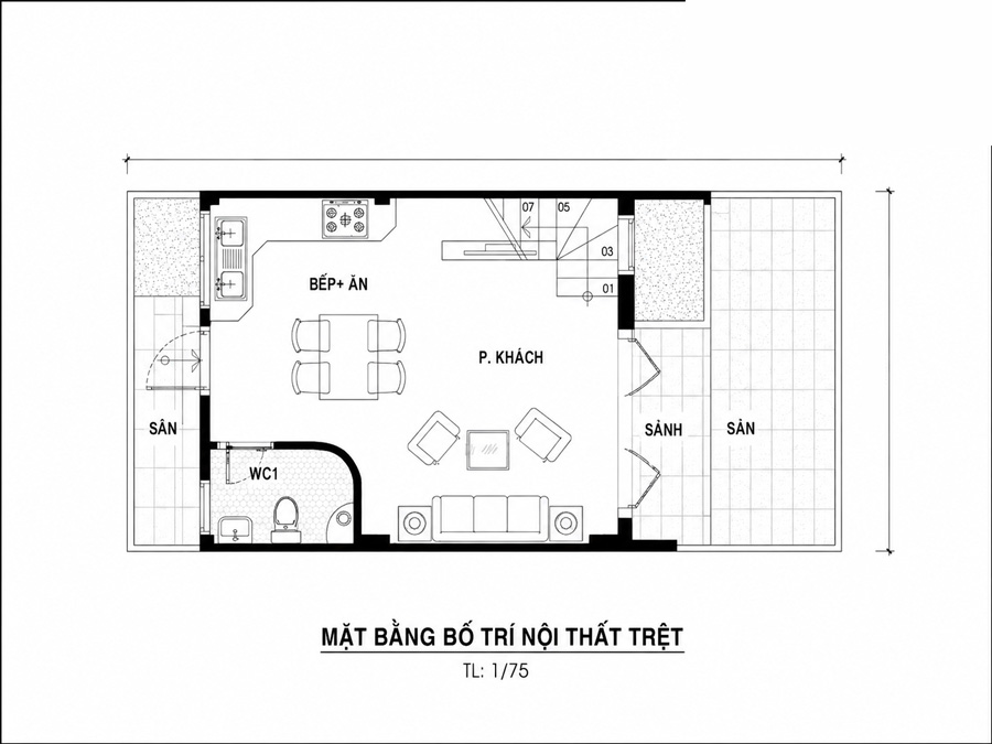 Bản vẽ mặt bằng tầng trệt nhà ống 5x6m 2 tầng