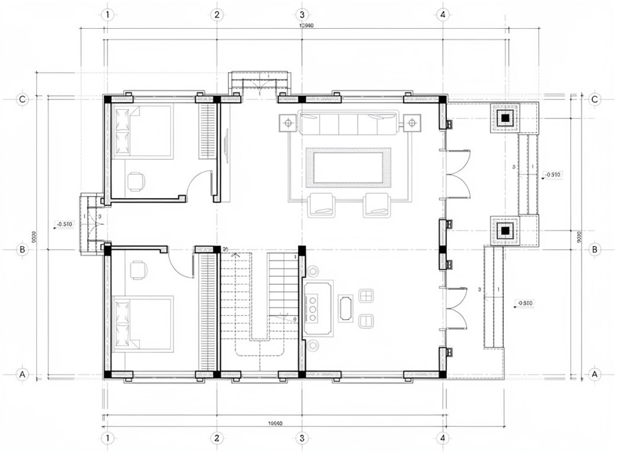 Mặt bằng tầng trệt nhà 2 tầng 6 phòng ngủ 1 phòng thờ