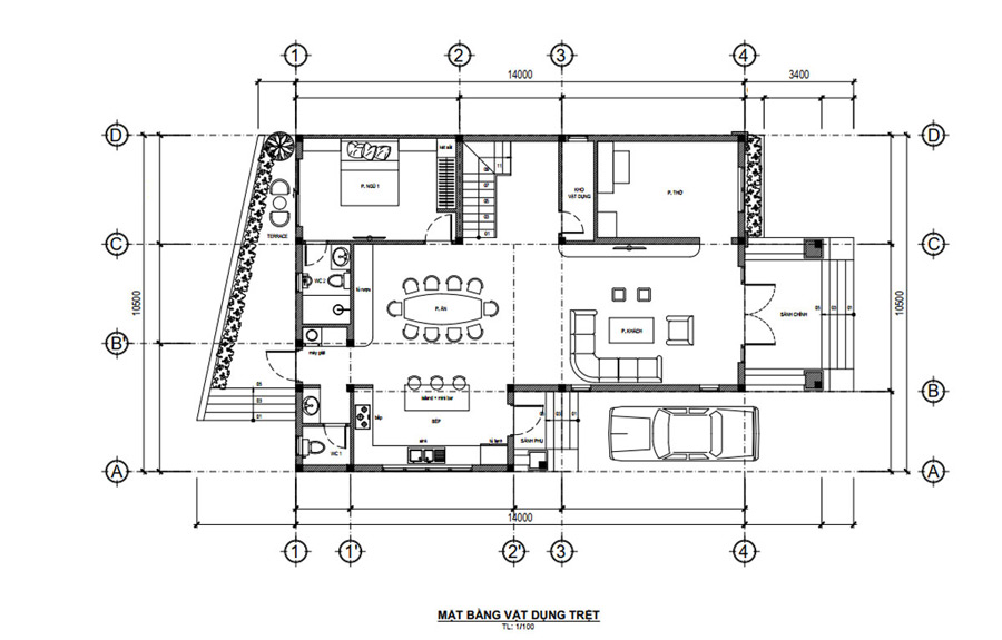 Mặt bằng tầng trệt nhà 2 tầng có phòng thờ tầng 1 chữ L