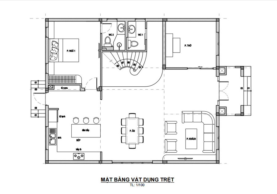 Mặt bằng tầng trệt nhà 2 tầng kiểu châu Âu có phòng thờ tầng 1