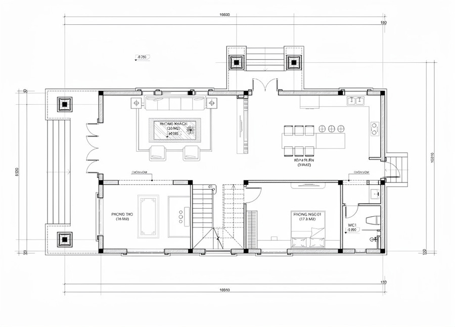 Mặt bằng tầng trệt nhà 2 tầng có phòng thờ tầng 1 tân cổ điển