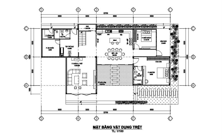 Mặt bằng tầng trệt nhà 2 tầng mái Nhật có phòng thờ tầng 1