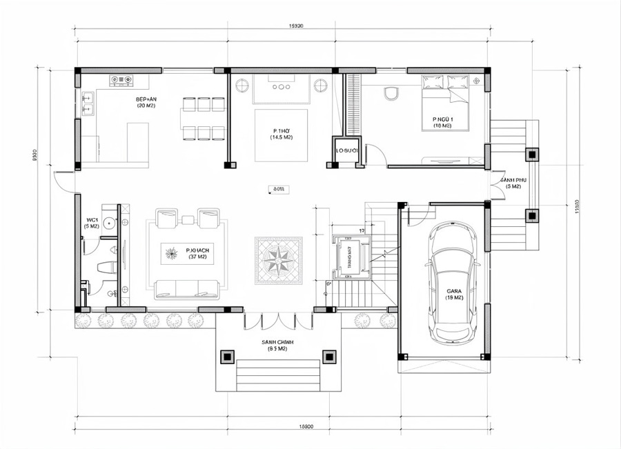 Mặt bằng tầng trệt nhà 2 tầng mái Thái có phòng thờ tầng 1