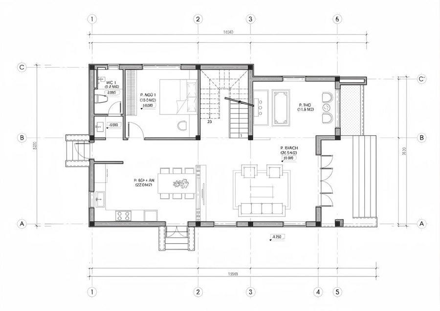 Mặt bằng tầng trệt nhà 2 tầng mái bằng có phòng thờ tầng 1