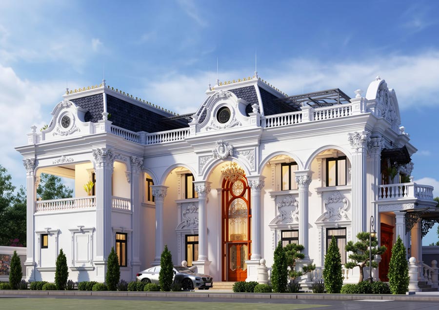 Thiết kế nhà 2 tầng 6 phòng ngủ chữ L