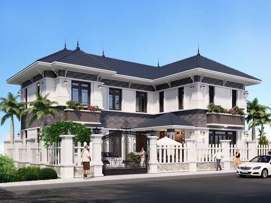 Thiết kế nhà 2 tầng 6 phòng ngủ chữ L