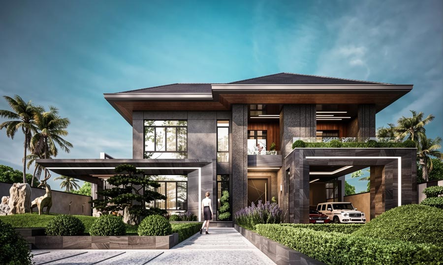 Mẫu nhà 2 tầng 6 phòng ngủ có sân vườn