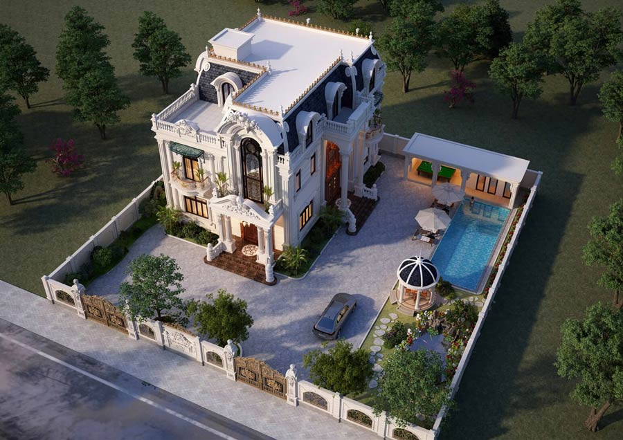 Mẫu biệt thự 2 tầng 6 phòng ngủ kiểu Pháp