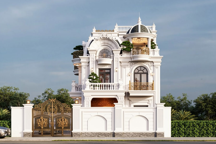 Thiết kế nhà 2 tầng 6 phòng ngủ mái Mansard