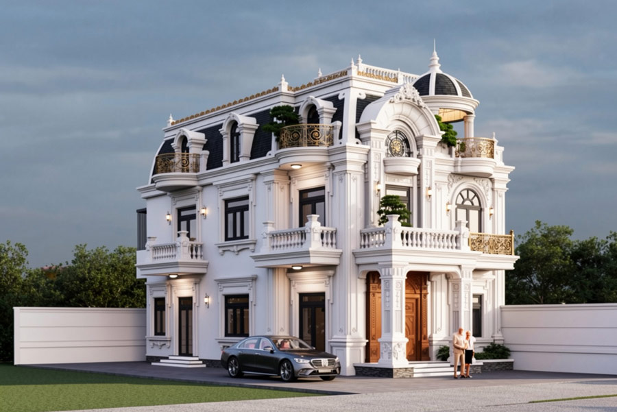 Thiết kế nhà 2 tầng 6 phòng ngủ mái Mansard