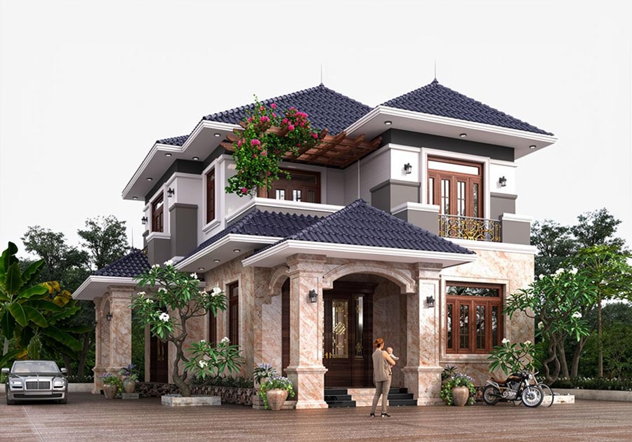 Mẫu nhà 2 tầng 6 phòng ngủ mái Nhật