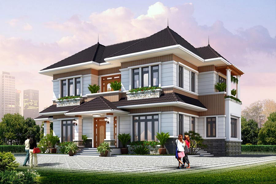 Mẫu nhà 2 tầng 6 phòng ngủ mái Nhật