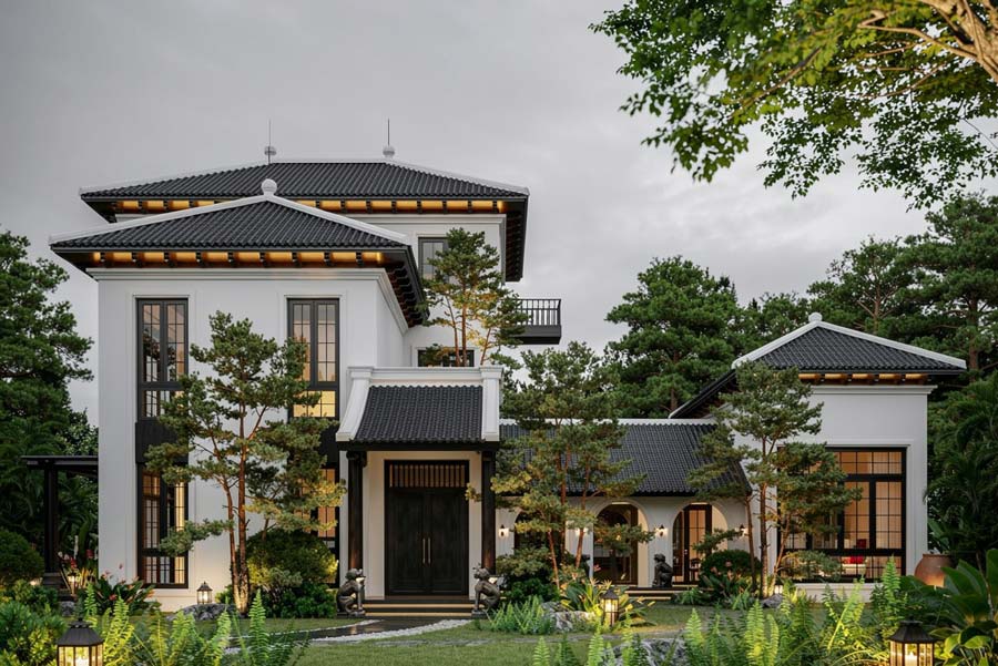 Mẫu nhà 2 tầng 6 phòng ngủ phong cách Indochine