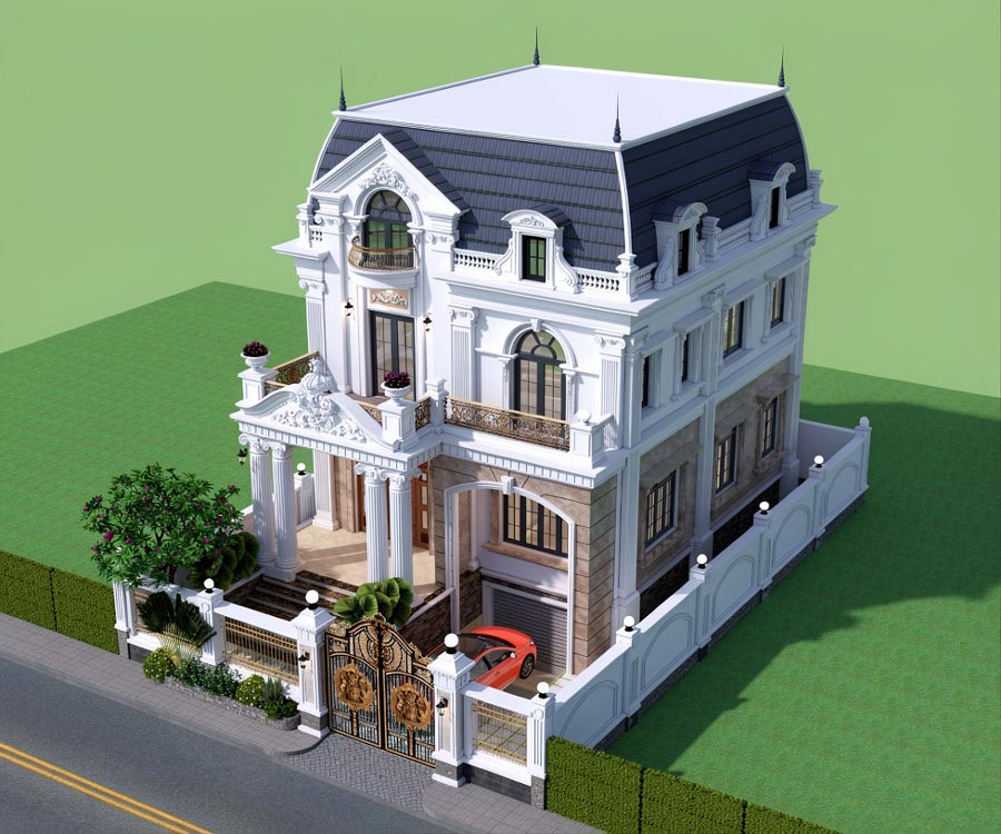 Mẫu nhà 2 tầng có tầng hầm mái Mansard