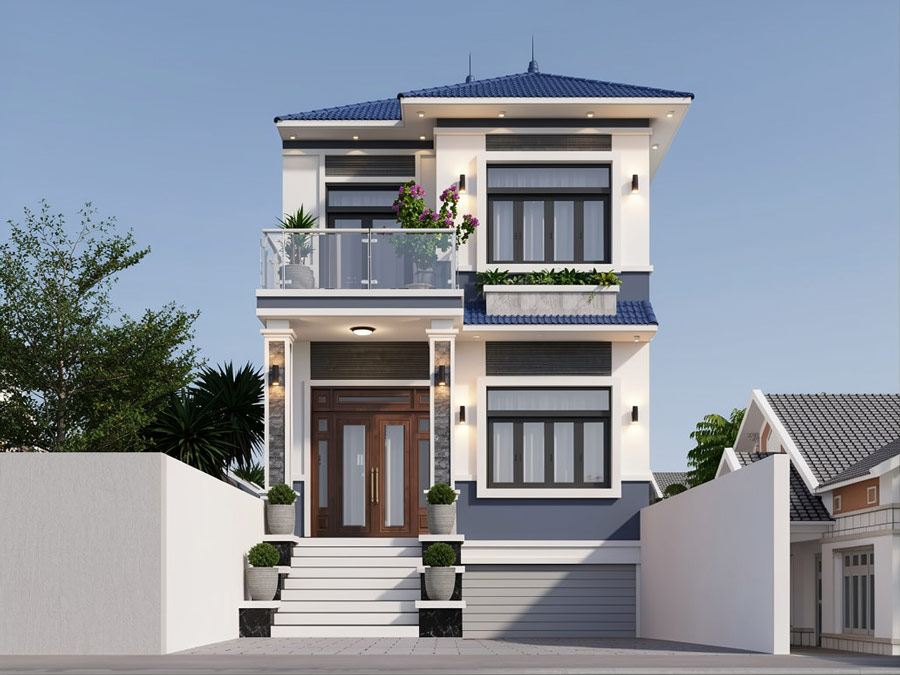 Thiết kế nhà 2 tầng có tầng hầm mái Nhật