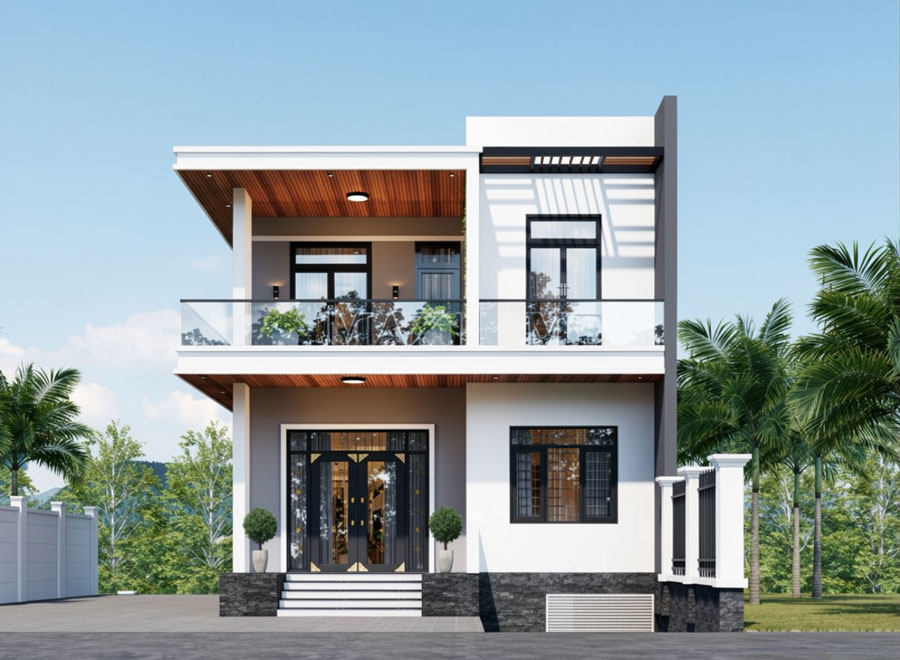 Mẫu nhà 2 tầng có tầng hầm mái bằng