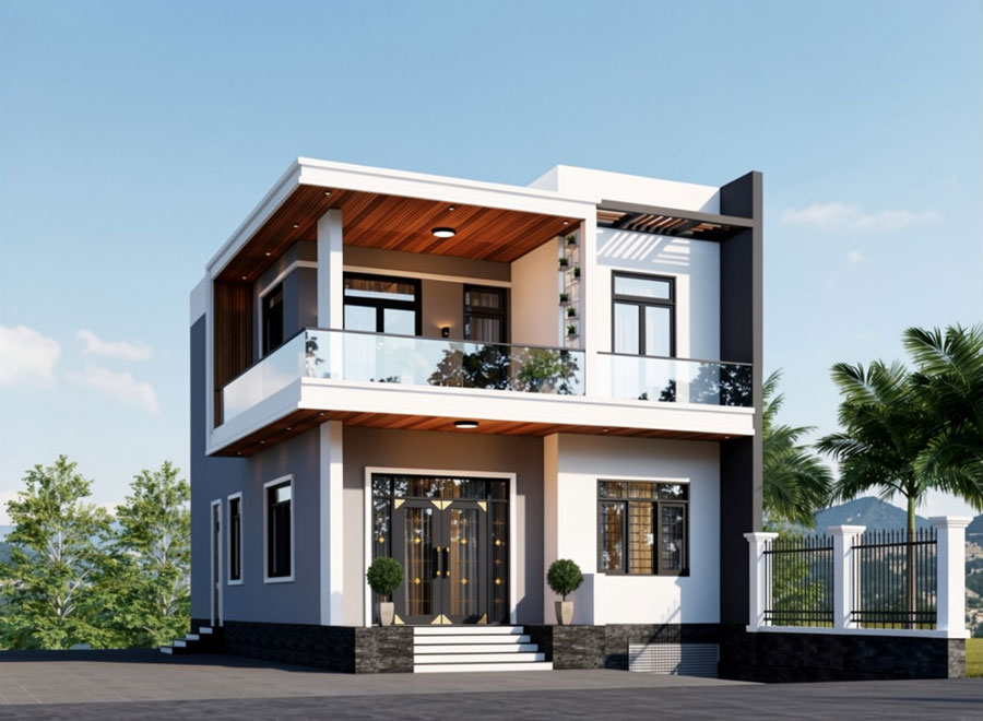 Mẫu nhà 2 tầng có tầng hầm mái bằng