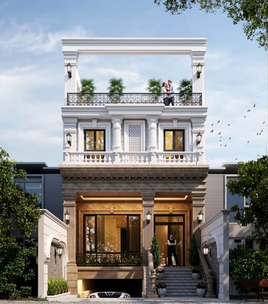 Mẫu thiết kế nhà 2 tầng có tầng hầm tân cổ điển