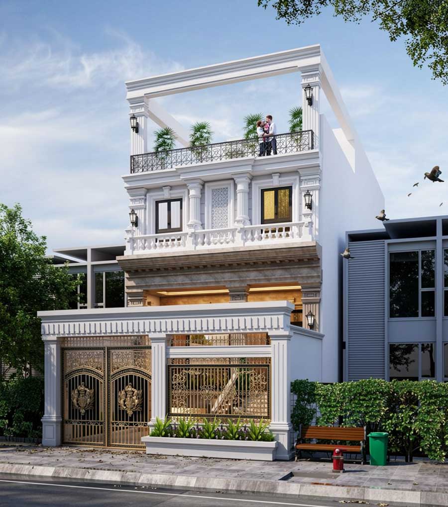 Mẫu thiết kế nhà 2 tầng có tầng hầm tân cổ điển