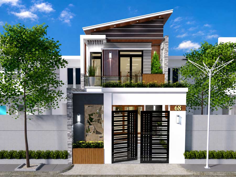 Mẫu nhà mặt tiền 4.5m 2 tầng mái lệch