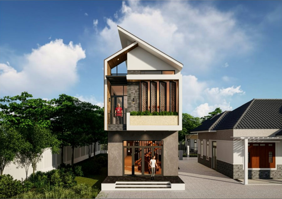 Mẫu nhà mặt tiền 4.5m 2 tầng mái lệch
