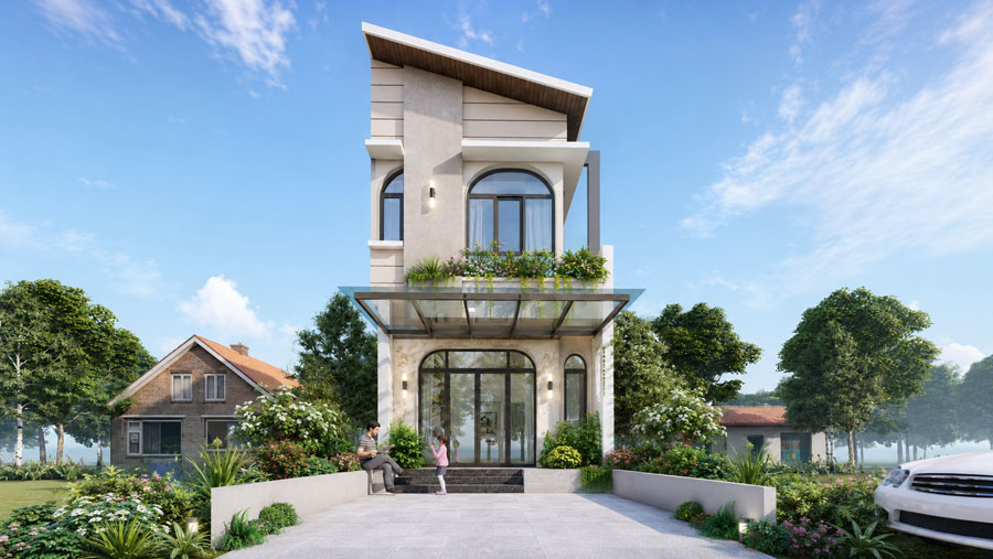 Mẫu nhà mặt tiền 4.5m 2 tầng mái lệch