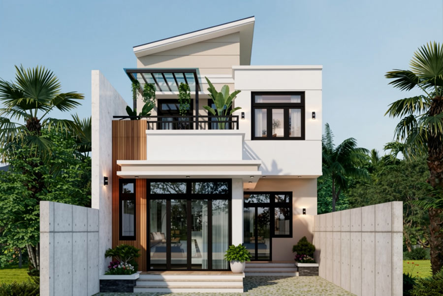Mẫu nhà 2 tầng ngang 6.5m mái lệch