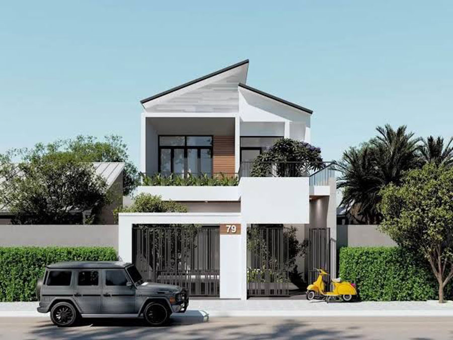 Mẫu nhà 2 tầng ngang 6.5m mái lệch
