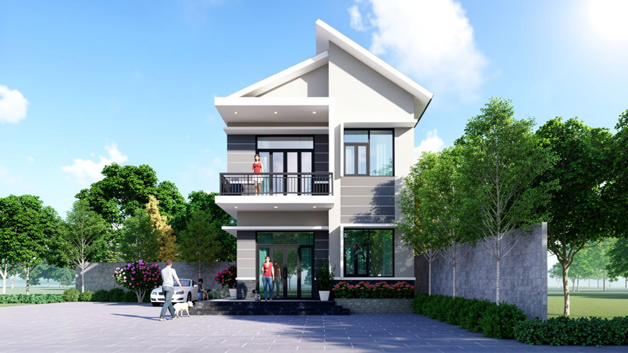 Mẫu nhà 2 tầng ngang 6.5m mái lệch